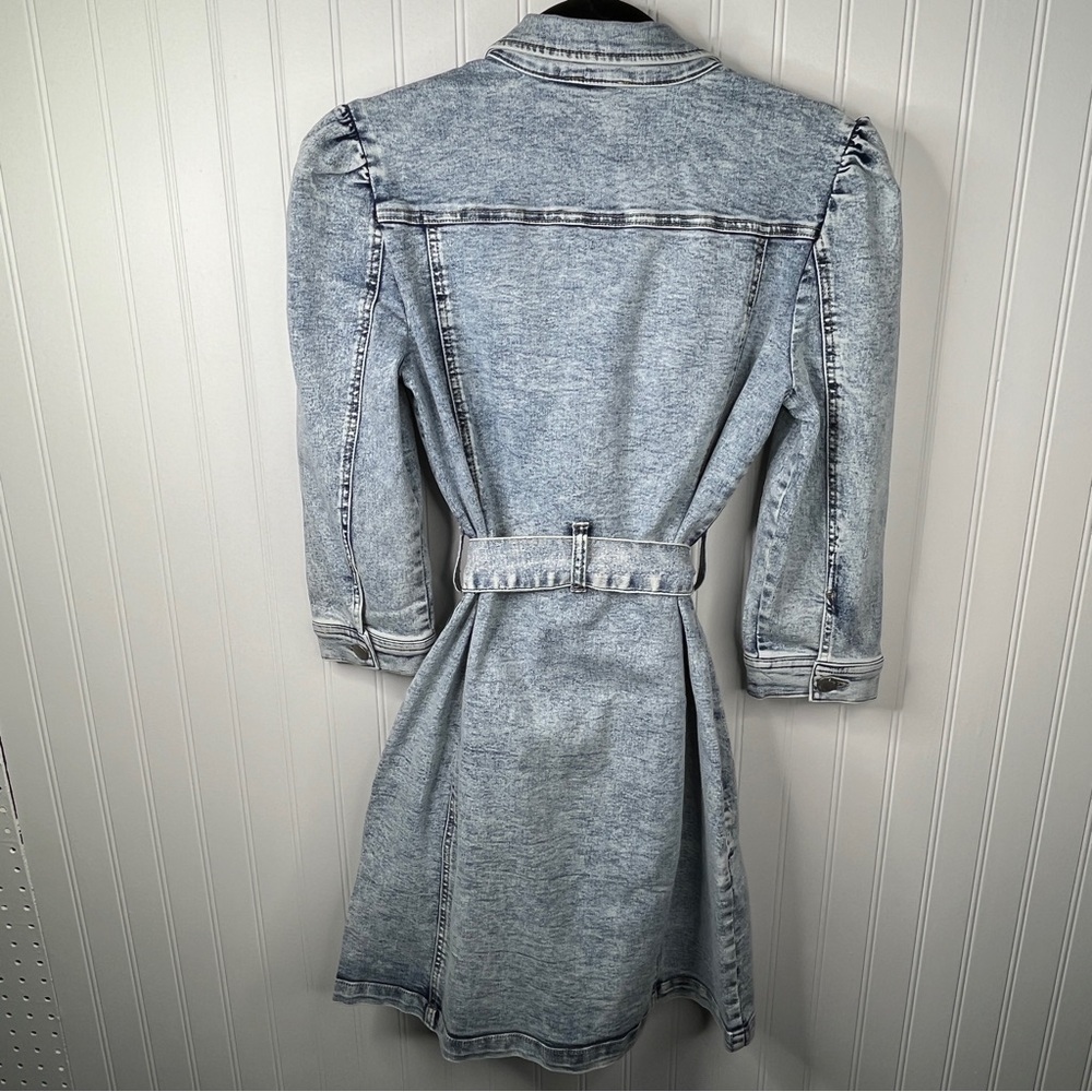 VENUS Blue Denim Dress Button Down Stretchy Midi Tie Waist Puff Sleeve Size 8 - Picture 6 of 8